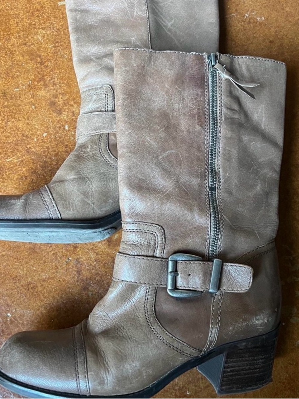 Franco Sarto Mid-Calf Buckle Strap Boots in Taupe